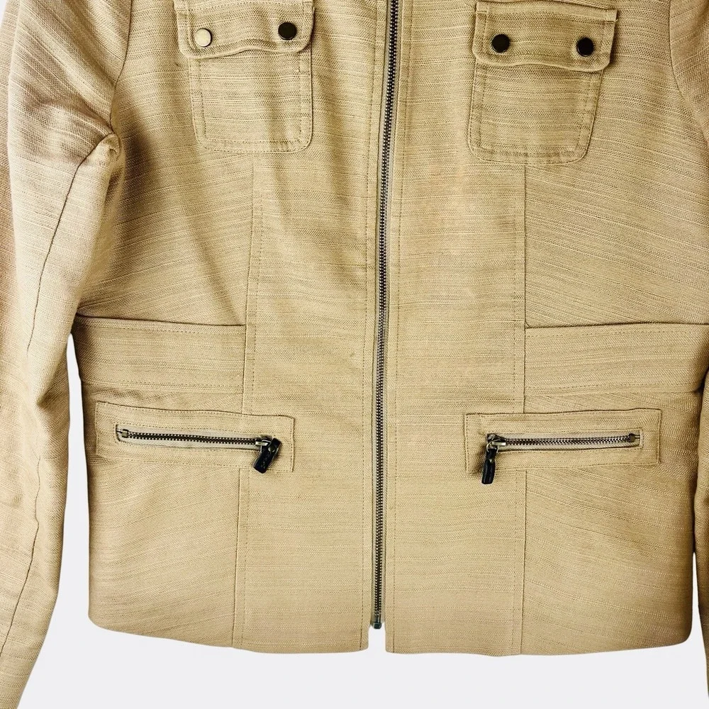 Dana Buchman Camel Yellow Blazer Womens 10 Linen Textured Zip Jacket Tan‎